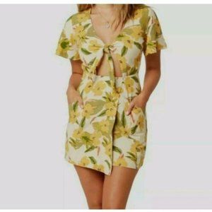 L*Space Size Medium M Lover Lane Mini Dress Yellow Green Floral Linen Blend